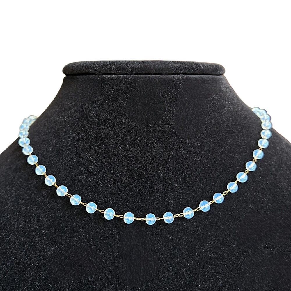 Opalite Bead Necklace 14K Gold Filled Chain Milky Blue Glass Choker 16" to 18"